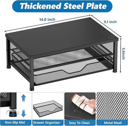 OPNICE Computer Monitor Stand Riser, Desk Organizer with Drawer, Laptop Stand, Office Desk Accessories & Workspace Desktop Organizers Storage for Office Supplies(Black 2-Pack)