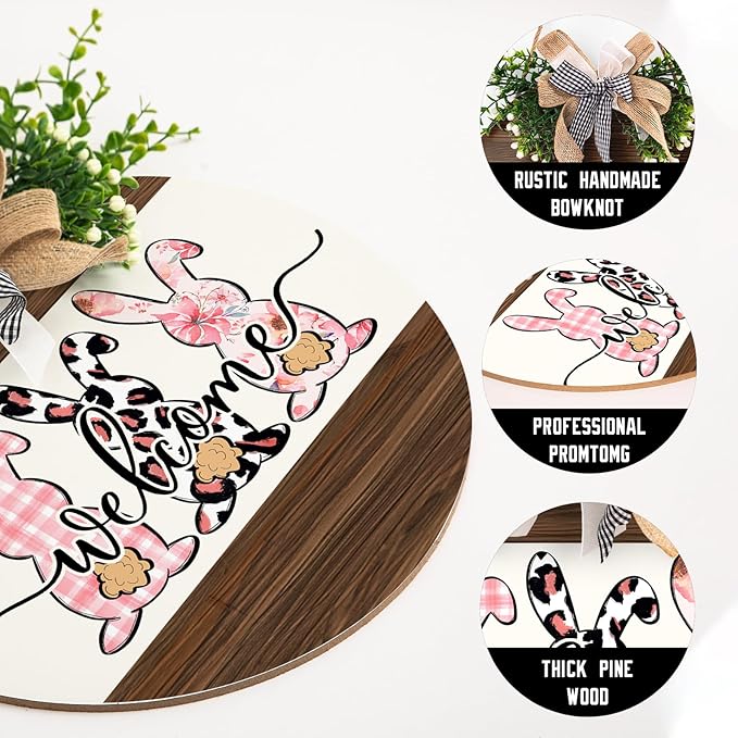 Harooni 12x12 Inch Easter Welcome Hanging Sign for Outdoor, Indoor, Wall, Door, Porch Decor - Wooden Wreath Sign with Rabbit, Buffalo Plaid Bow, 'Welcome' Text