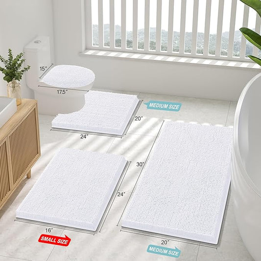 Smiry Luxury Chenille Bathroom Rugs 50x30, Extra Soft and Absorbent Shaggy Bath Mat, Machine Washable, Non-Slip Plush Carpet Runner for Tub, Shower, and Floor, Home Decor Accessories, White