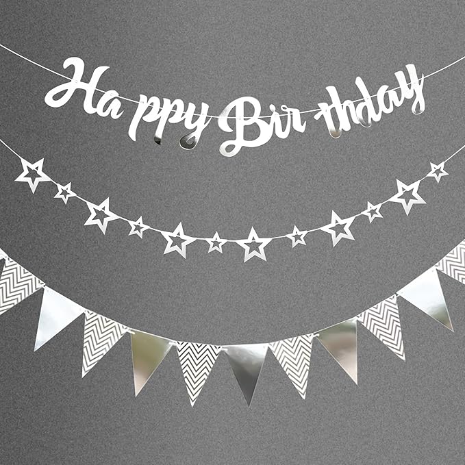 CANREVEL 3 PCS Silver Happy Birthday Banners, Hanging Stars Garland and Pennant Banner Flags, Silver Garland for Silver Party Decorations, Birthday Party Supplies for Women Men Girls Boys Adults