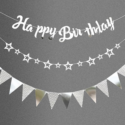 CANREVEL 3 PCS Silver Happy Birthday Banners, Hanging Stars Garland and Pennant Banner Flags, Silver Garland for Silver Party Decorations, Birthday Party Supplies for Women Men Girls Boys Adults