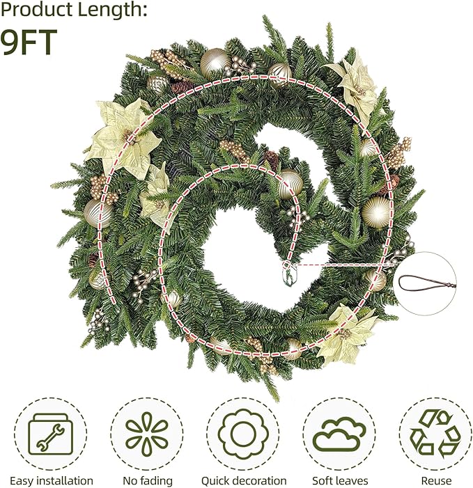 Pre-lit 9 FT LED Christmas Garland with Gold Flower and Berries, Multi-Function Christmas Garland with 50 Warm White LED Lights for Mantle Fireplace Staircase Porch Decor