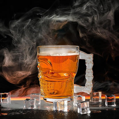 Beer Mugs Set of 4 - Skull Glasses with Handle - 17 OZ Heavy Base Drinking Tiki Glasses - Clear Beer Stein Cup for Whiskey, Wine, Juice, Home Bar, Halloween Decorations Gifts
