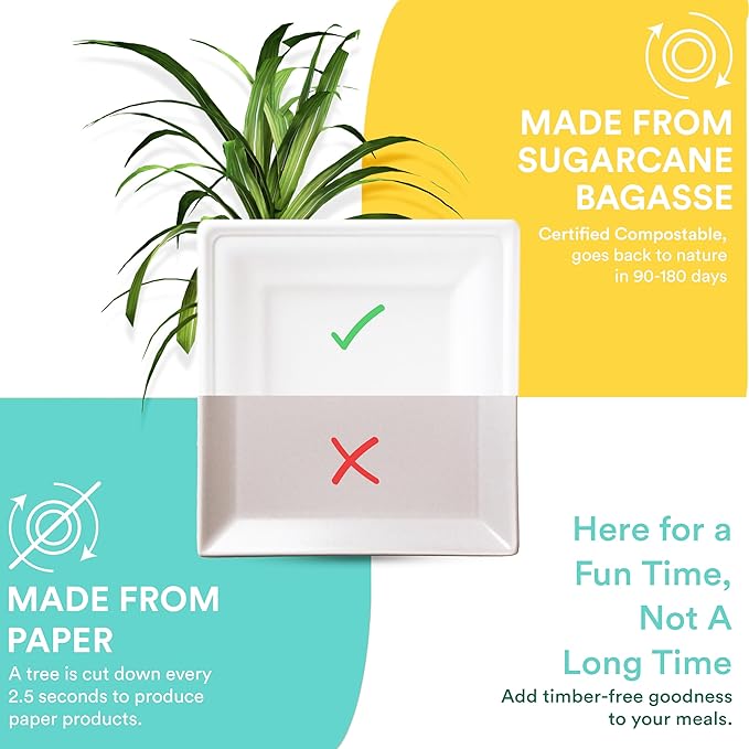 ECO SOUL Compostable Square Paper Plates 6 Inch (200 Count) for Thanksgiving Dessert, Heavy Duty, Eco-Friendly Sugarcane Bagasse Small Plates For Appetizer- White