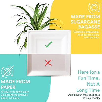 ECO SOUL Compostable Square Paper Plates 6 Inch (200 Count) for Thanksgiving Dessert, Heavy Duty, Eco-Friendly Sugarcane Bagasse Small Plates For Appetizer- White