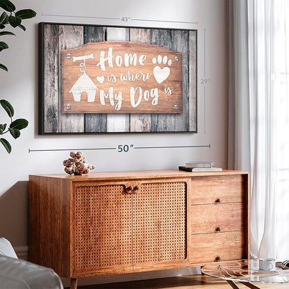 Elephant Stock Home Is Where My Dog Is Wall Art - Horizontal Floating Framed Canvas - 1-Piece Living Room Wall Decor - Pet Digital Art Canvas Print - Gray and Beige Decor for Wall - 43" X 29"