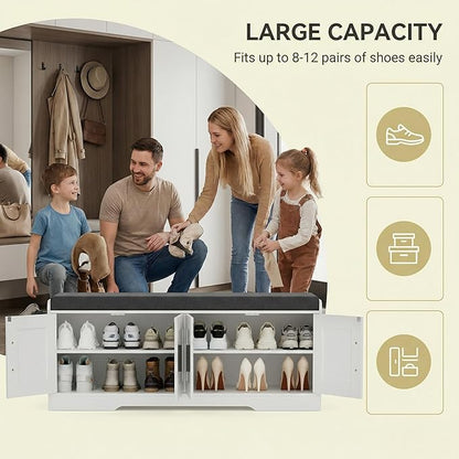 2-Tier Storage Bench, Shoe Bench with Thickened Padded Seat Cushion, Entryway Bench with 4 Doors, Adjustable Shelf, 13.8" D x 45.3" W x 18.5" H, for Entryway, Living Room, Bedroom, White
