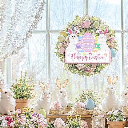 Kercan Easter Wood Decor Sign - Vintage Easter Egg Bunny Wooden Hanging Door Sign Welcome Printed Wood Wall Art Decorative Sign Hanging Rustic Farmhouse Decoration Retro Hello Spring Porch Plaques