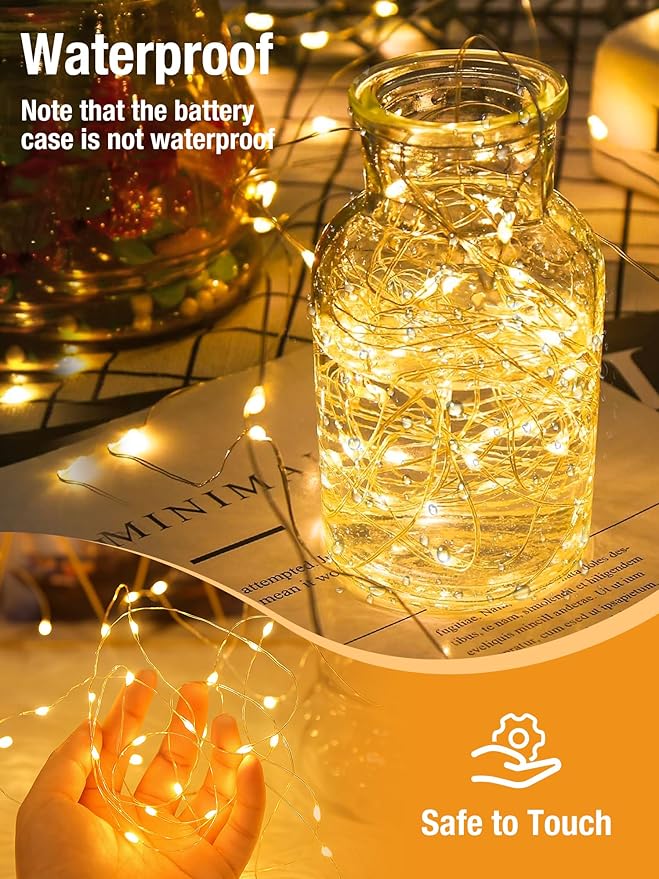 btfarm Fairy Lights Battery Operated with Timer 8 Modes, 16.4 FT 50 LED Silver Wire Twinkle String Lights Battery Powered Dimmable Waterproof for Indoor Home Party Wedding Christmas Decor, Warm White