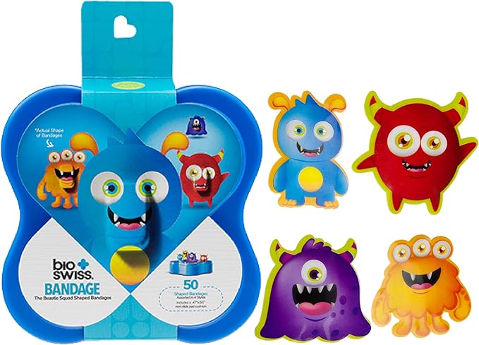 BioSwiss Kids Bandages, Beastie Squad Shaped Self Adhesive Bandage Set, Latex Free, Sterile Wound Care, 50 Count