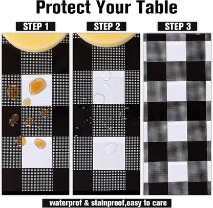 Kesfey 3 Packs Black Gingham Tablecloths 54 x 108 inch Black and White Checkered Tablecloth Disposable Plastic Plaid Picnic Tablecover Waterproof Fall Checkered Table Cloth for Camping Halloween Party