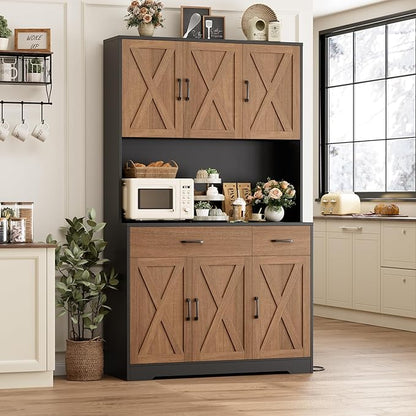 HOSTACK 71" Pantry Cabinet with Charging Station, Tall Kitchen Pantry Storage Cabinet with Microwave Stand, Farmhouse Kitchen Hutch with Storage Drawers for Living Room, Dining Room, Brown/Black