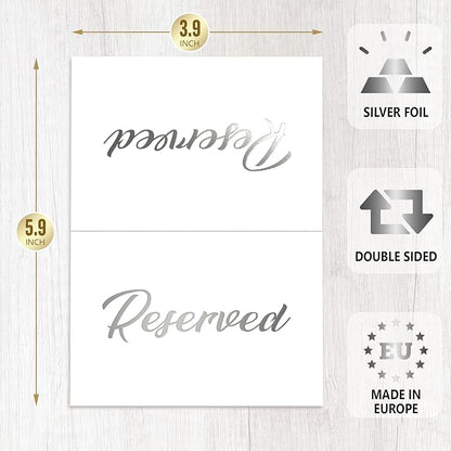 10 Pack Silver Reserved Table Signs for Wedding 3x4 Cardstock Reserved Seating Signs Double Sided Table Tent Reservation Card for Restaurant Receptions Celebrations Party - White with Silver Letters