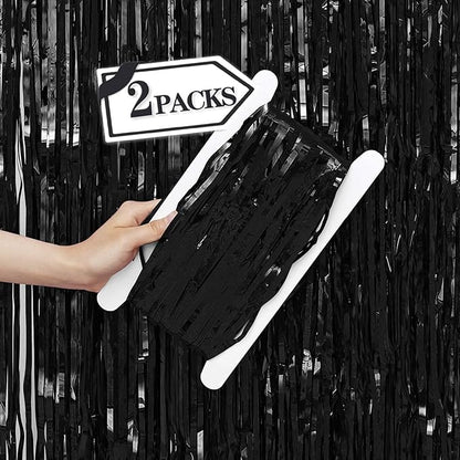2 Pcs Black Metallic Tinsel Foil Fringe Curtains Backdrop, 3.28 ft x 6.56 ft Streamers for Birthday Wedding Engagement Bachelorette Party Photo Booth Bridal Shower Baby Shower Decorations Supplies