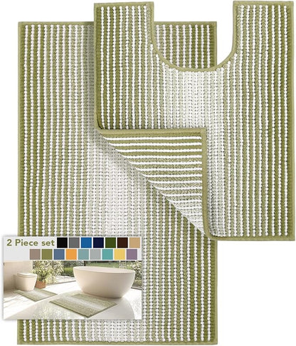 Bathroom Rugs Sets 2 Piece, Toilet Rugs U-Shaped, Contour Bath Mat Rugs Set for Toilet Bathroom, Soft Absorbent Chenille Bath Carpet, Quickly Dry, Washable (Linden Green, 32" x 20" + 24" x 20")