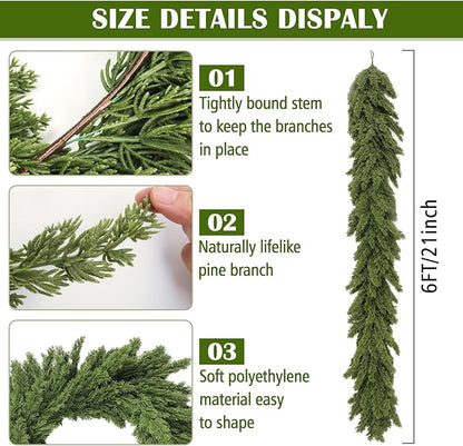 Christmas Garland 6ft, Artificial Norfolk Pine Garlands, Real Touch Garlands for Decoration Christmas, Christmas Cedar Garland for Table, Mantle, Wall, Fireplace, Indoor (Greenery Cypress Garland)