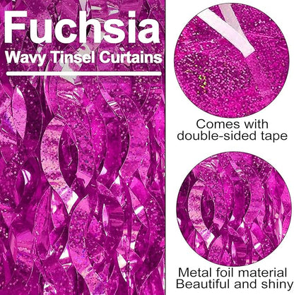 4 Pack Rose Red Fringe Curtain Backdrop 3.2Ft x 8.2Ft Metallic Tinsel Foil Fringe Streamers Background for Photo Booth, Easter, Mother's Day, Bachelorette, Wedding, Birthday Party Decoration