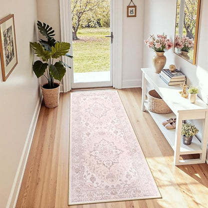 Area Rugs 2'x6' Runner Rug Non Slip Washable for Kitchen Hallway Bedroom Beside Laundry Room Bathroom Rug, Floor Carpet, Pink Greypink Cute