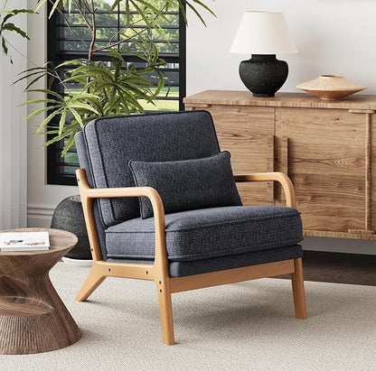 Accent Chair Set of 2 with Solid Wood Frame, Mid-Century Relaxing Armchair Lumbar Pillow& Soft Cushion, Reading Leisure Chair for Living Room, Bedroom, Waiting Room-Blue