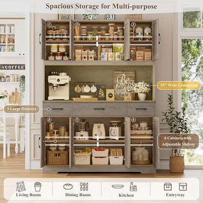 HOSTACK 71" Tall Pantry Cabinet with Charging Station, 55" Wide Kitchen Pantry Storage Cabinet with Countertop, Large Kitchen Hutch with Storage Drawers and Microwave Stand for Dining Room, Ash Grey