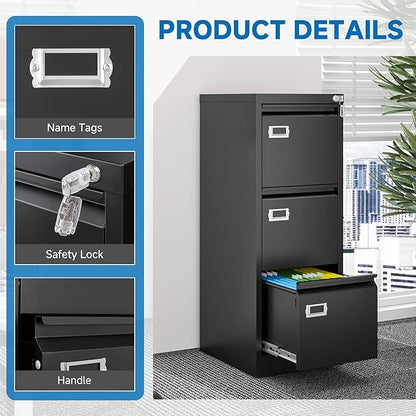 3 Drawer File Cabinet with Lock Metal Vertical File Cabinet Office Home Narrow File Cabinet for A4 Legal/Letter Size,Assembly Required (Black, 3 Drawers-Vertical)