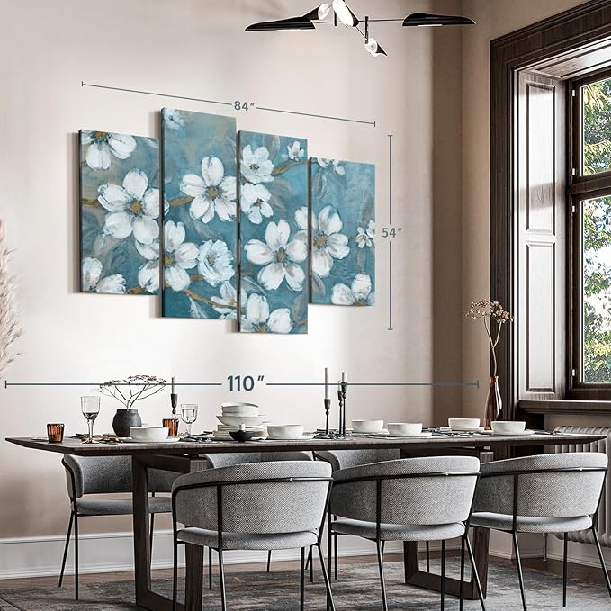 Elephant Stock Blossoms Of Evening Wall Art - Horizontal Canvas - 4-Piece Living Room Wall Decor - Blossom Painting Canvas Print - Blue and Gray Decor for Wall by Carol Robinson - 84" X 54"
