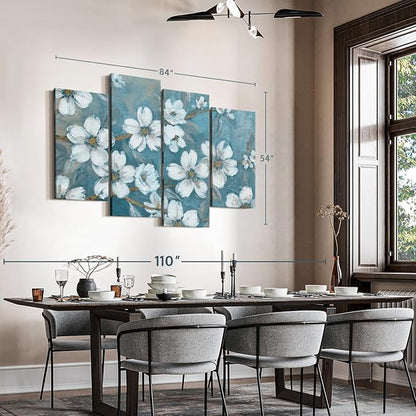 Elephant Stock Blossoms Of Evening Wall Art - Horizontal Canvas - 4-Piece Living Room Wall Decor - Blossom Painting Canvas Print - Blue and Gray Decor for Wall by Carol Robinson - 84" X 54"
