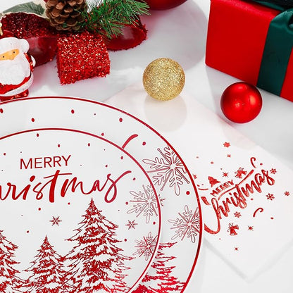 Rubtlamp 175 Pcs Christmas Plastic Plates And Napkins, Christmas Plates Disposable, White And Red Plastic Dinnerware Include 25Dessert Platos, 25Dinner Platos, 75 plastic cultery, 25Cups, 25Napkins