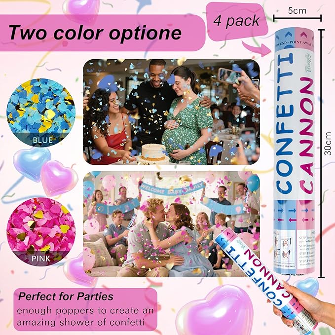 4 Pack Gender Reveal Confetti Cannon, 12 in Pink Heart Shaped Paper Party Poppers Cannons, Confetti Poppers For Baby Boy Girl Gender Reveal Baby Showers (Heart, Pink)