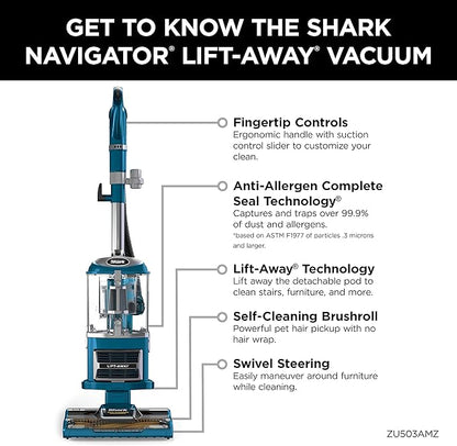 Shark Upright Vacuum, Navigator Lift-Away with Self-Cleaning Brushroll, HEPA Filter, Swivel Steering, Upholstery Tool & Pet Crevice Tool, Perfect for Pets & Multi-Surface, Teal, ZU503AMZ
