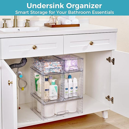 Vtopmart 5 Pack Clear Stackable Storage Drawers,Easy to Assemble Baby Bottle with handles,Plastic Drawers for Kitchen Pantry,Cabinet,Under Sink Organization