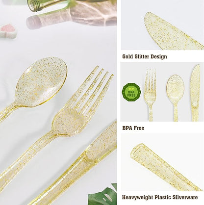 150 Pack Gold Plastic Silverware, Glitter Plastic Silverware Heavy Duty -50 Gold Glitter Forks, 50 Knives, 50 Spoons for Birthday, Baby Shower, Bridal Shower, Family Gathering