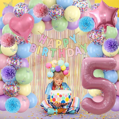 Pastel 5th Birthday Party Decorations for Girls Number 5 Balloon Happy Birthday Banner Butterfly Stickers Fringe Curtain Paper Pom Poms Macaron Pink Star Heart Foil Colorful Balloons 5 Year Old Decor