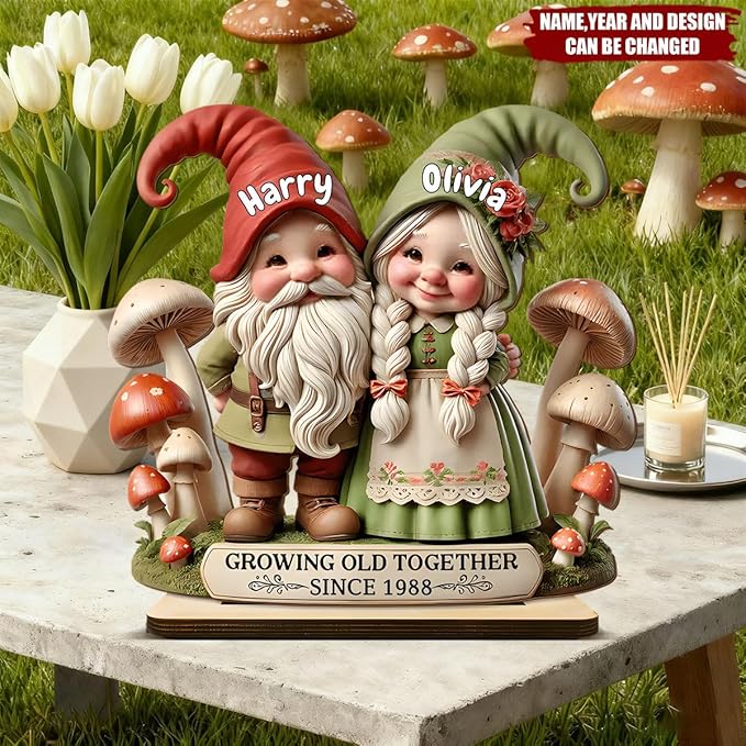 NAZENTI Personalized Gnome Couple Figurine, Growing Old Together Since 1988, Custom Fall, Personalized Family Keepsake, Unique Anniversary for Couple, Custom Gnome Ornament