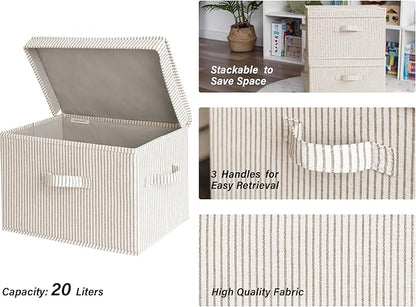 StorageWorks Fabric Storage Bins with Lid, Decorative Storage Boxes for Shelves, Stackable Closet Organizer Basket with Handles, Large, Khaki and Beige Stripes, 2-Pack