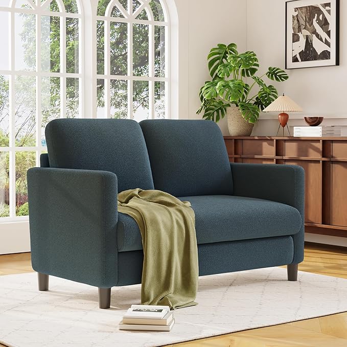 Loveseat Sofa, 51" Love Seat, Comfy Teddy Small Loveseat for Small Spaces, Tool-Free Setup Sofa Couch for Bedroom, All-Wood Couches for Living Room, No Pillow Included, Blue Grey