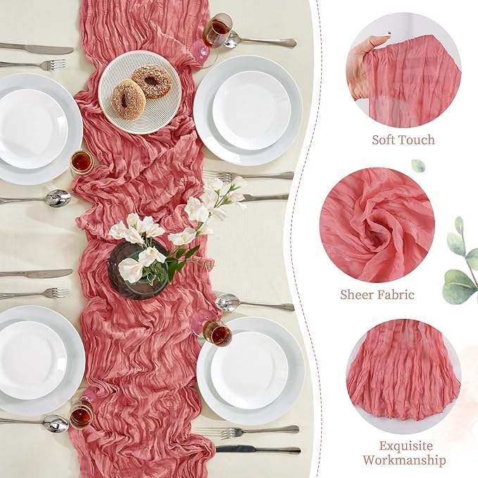 6 Pack Rose Cheesecloth Table Runner 10FT Long Boho Gauze Table Runner Rustic Sheer Runner for Wedding Bridal Baby Shower Birthday Party Table Decor Thanksgiving Christmas Decorations