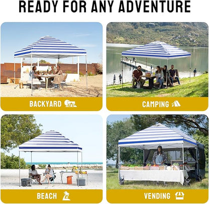 Crown Shades 10x10 Pop Up Canopy - Beach Tent with One Push Setup - Outdoor Sun Shade for Events, Parties, Camping - STO-N-Go Cover Bag, Silver Coated Top, 3 Height& 4 Sand Bags, Navy Blue Stripes