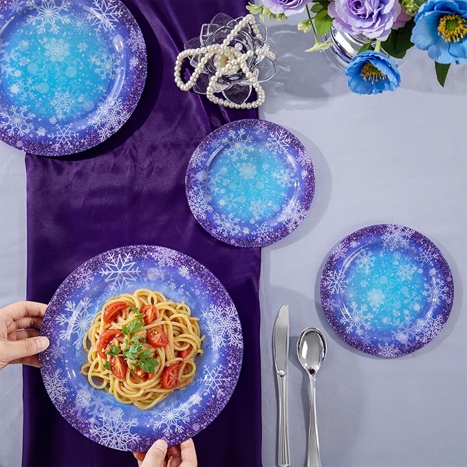 WELLIFE 20PCS Frozen Plastic Plates – Snowflake Dinner & Dessert Plates (10×9.2" + 10×6.3"), Winter Wonderland Party Plates for Girls Birthday, Christmas & Frozen Theme Decorations
