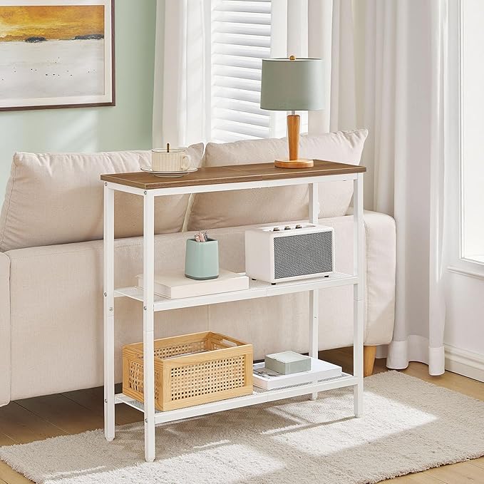 HOOBRO 29.5" Narrow Console Table, 3 Tier Entryway Table with Shelves, Thin Sofa Table, Behind Couch Table, Display Side Table, for Hallway, Entrance, Living Room, Walnut and White WH73XG01
