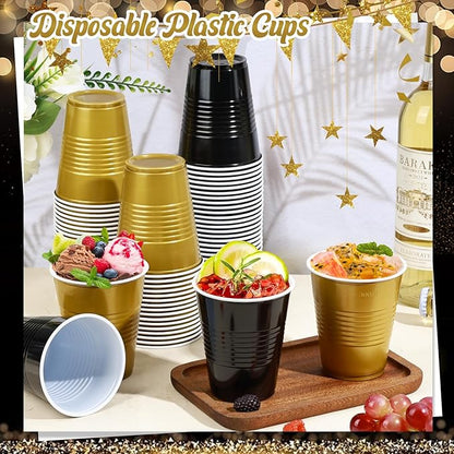 KesaPlan 100 PCS 12 OZ Plastic Cups, Party Cups Black and Gold Cups Disposable Drinking Cup Bulk For Christmas Graduation Wedding Birthday Halloween New Year Family Gathering Festive Celebrations