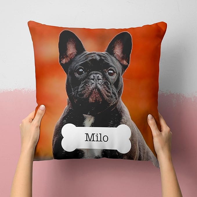Custom Pet Photo Pillow Cover 16x16 Inch – Personalized Dog or Cat Pillow with Name in Bone Shape, Pet Picture Cushion, Custom Throw Pillowcase, Gift for Dog Lovers, Pet Owners, Animal Lovers
