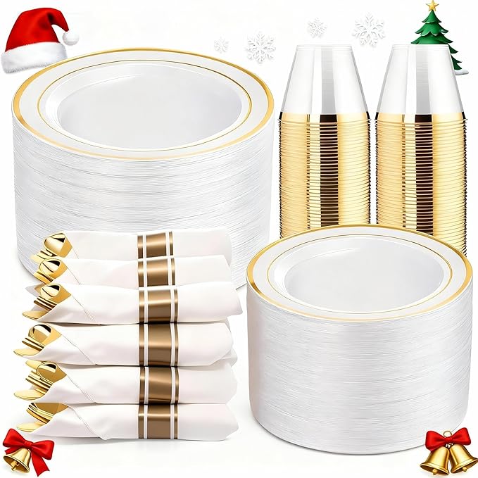 WELLIFE 350Pcs Gold Plastic Plates for 50 Guests - Plastic Dinnerware Set, Includes 100 Party Plates,150 Gold Silverware Disposable,50 Napkins,50 Cups,Disposable Plates for Party and Christmas