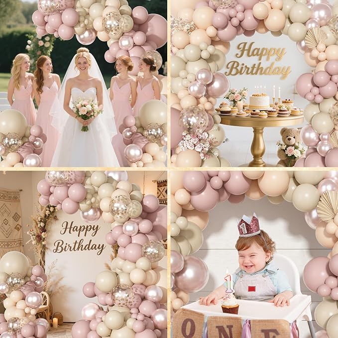 Ouddy Party Boho Dusty Pink Balloons Garland Arch Kit, Different Sizes 18 12 10 5 Inch Pastel Pink Sand White Pearl Latex Confetti Balloon for Baby Bridal Shower Birthday Women Girls Party Decorations