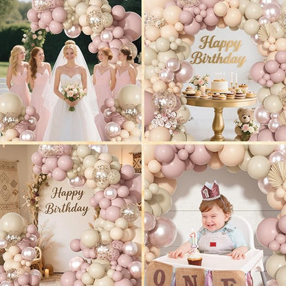 Ouddy Party Boho Dusty Pink Balloons Garland Arch Kit, Different Sizes 18 12 10 5 Inch Pastel Pink Sand White Pearl Latex Confetti Balloon for Baby Bridal Shower Birthday Women Girls Party Decorations
