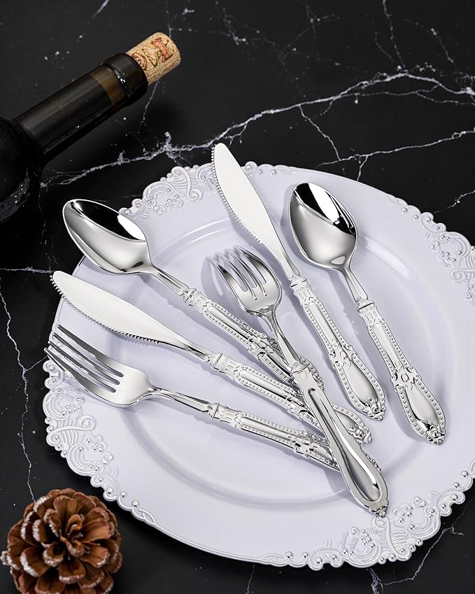 Nervure 90PCS Silver Plastic Silverware - Heavy Duty Disposable Cutlery Set, Luxury Silver Plastic Utensils include 30Pcs Forks, 30Pcs Spoons, 30pcs Knives. Perfect for Wedding, Party, Daily Use
