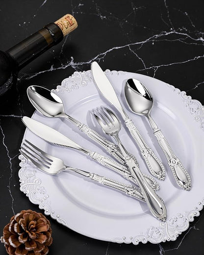 Nervure 90PCS Silver Plastic Silverware - Heavy Duty Disposable Cutlery Set, Luxury Silver Plastic Utensils include 30Pcs Forks, 30Pcs Spoons, 30pcs Knives. Perfect for Wedding, Party, Daily Use