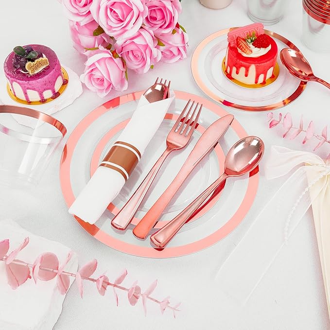 Liacere 350PCS Rose Gold Plastic Plates - Clear with Rose Gold Rim for 50Guests Dinnerware - Include 100 Plates disposable 150 PCS Silverware 50 Napkins for Wedding ＆ Party & Valentine’s Day