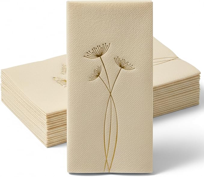 Paper Napkins | Linen Feel Guest Disposable Cloth Like Dinner Napkins | Hand Towels | Soft, Absorbent, Paper Hand Napkins for Kitchen, Bathroom, Parties, Weddings, Dinners (Gold Foil Floral (Beige))