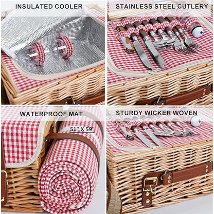 Multifunctional Wicker Picnic Basket Set for 4 with Blanket and Picnic Table, Insulated Picnic Set with Full Tablewares for Camping Outdoor Couples, Gingham